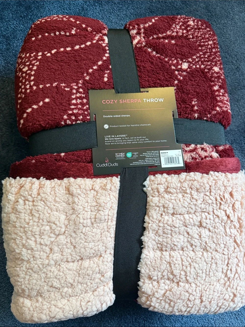 Cuddl Duds Reversible Sherpa Throw - Burgundy & Blush Pink